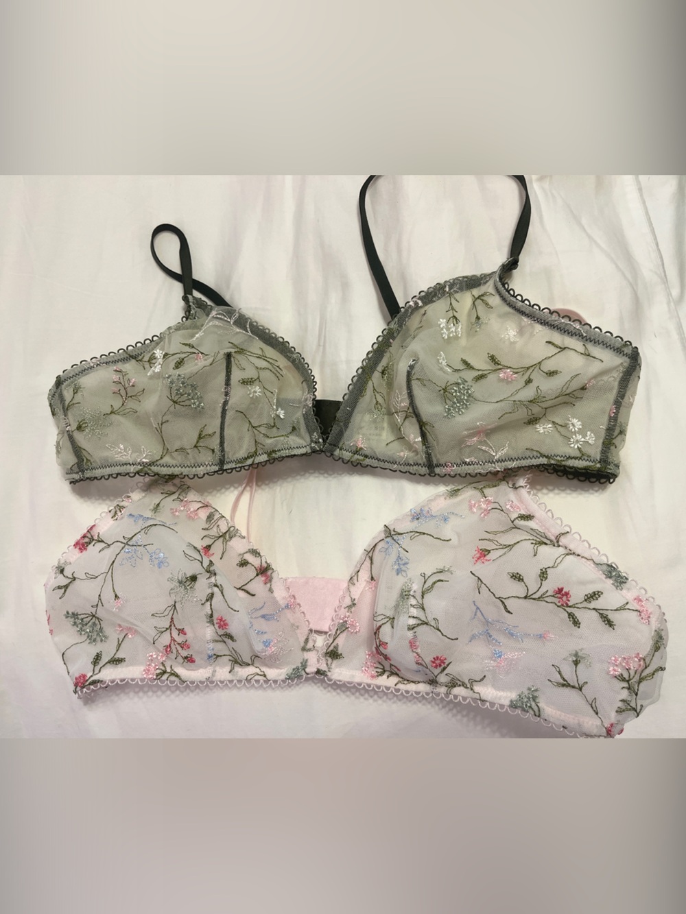 Aerie Sheer Floral Embroidered Bra - soft Pink and Olive